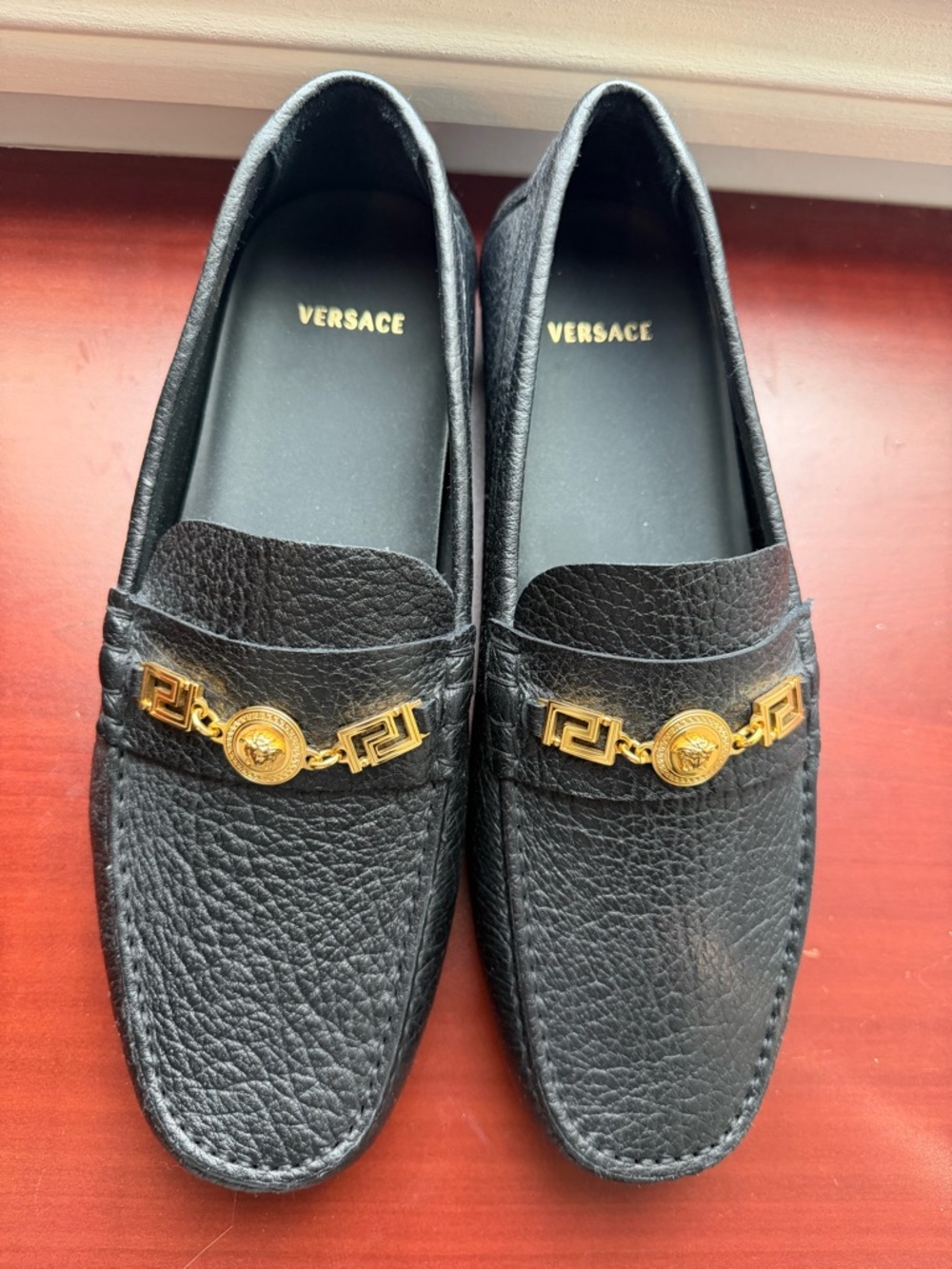 Versace Black Leather Loafers with Gold Medusa Chain